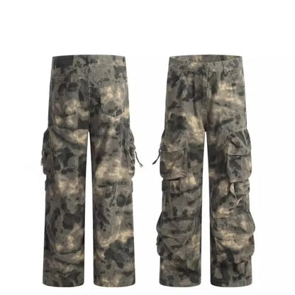American retro camouflage work pants men's trendy brand high street straight tube loose casual multi pocket wide leg paratrooper