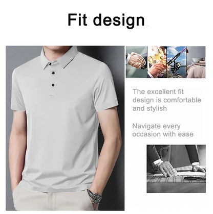 Summer Ice Silk Polo Shirt High-End T-Shirt Solid Color New Half Sleeve Non-Marking Casual Lapels Business Thin Menswear 2025