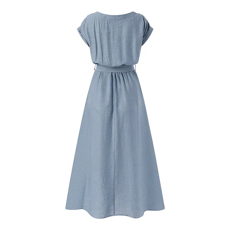Women Fashion Short Sleeve Dress Summer Elegant Party Vestidos Casual Mid-calf Sundress Femme Vintage OL Robe Kaftan