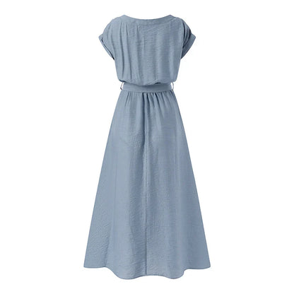 Women Fashion Short Sleeve Dress Summer Elegant Party Vestidos Casual Mid-calf Sundress Femme Vintage OL Robe Kaftan