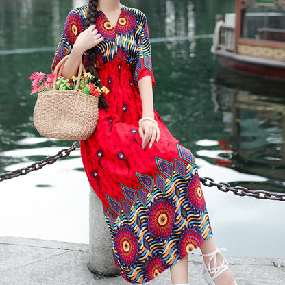 Flower V-neck Elastic Youthful Bohemian Sweet Midi Dress Woman Clothes Chic Fashion Summer Dresses 2025 Large Swing Ski