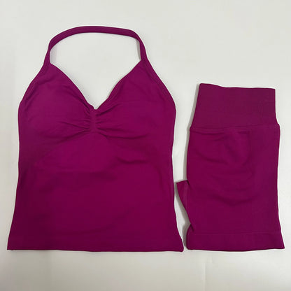 Yoga Set Women Padded Halter Tank Top Scrunch Butt Lifting Gym Shorts Set Summer Sportswear Workout Clothes