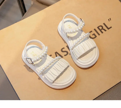 Girls Sandals Pleated Ins Trendy Kids Princess Shoes Beads Sweet Soft Sole 2025 Summer New Children Beach Shoes Open Toes Cute