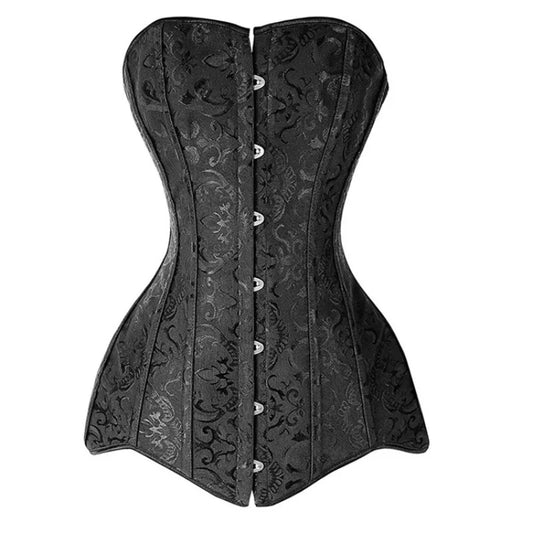 Steel Boned Long Torso Corset Top for Women Gothic Vintage Flower Overbust Bustier Brocade Hourglass Shapewear Corselet