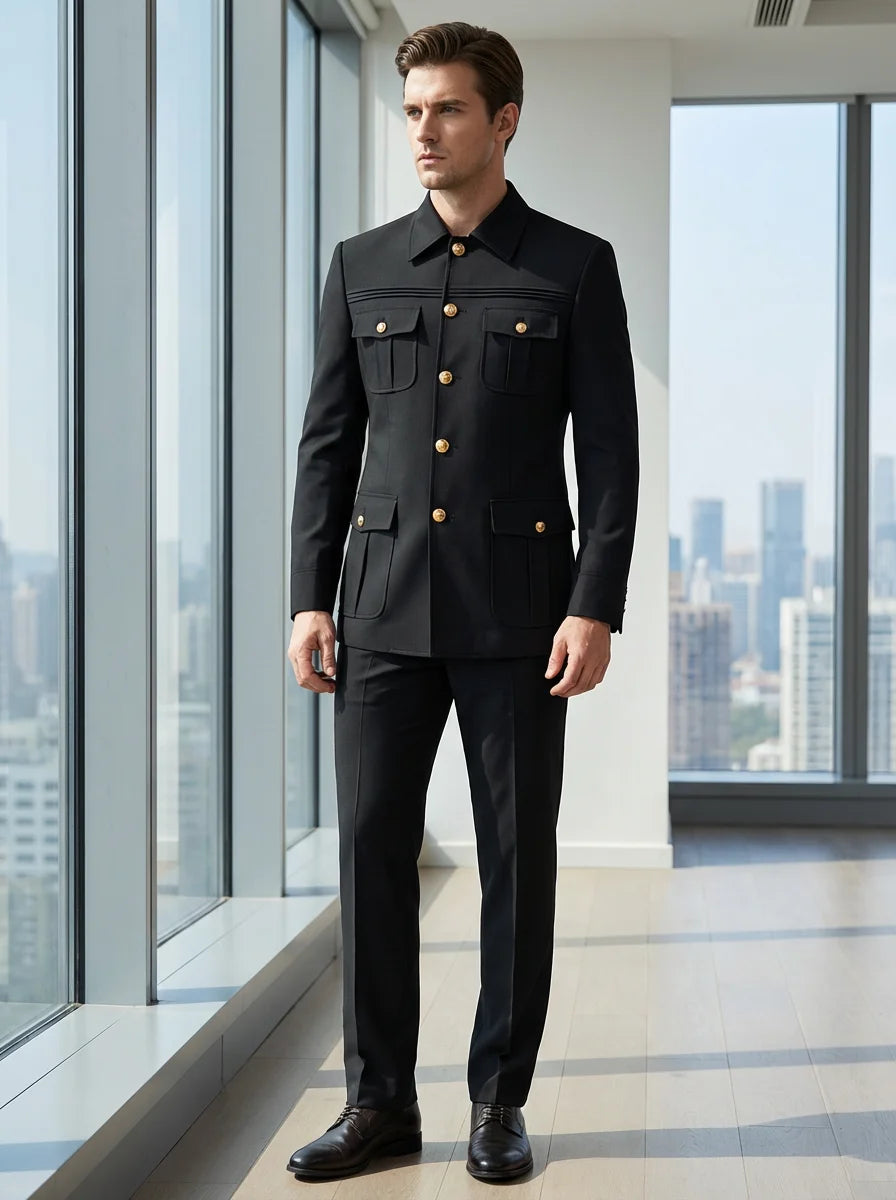 Terno masculino slim fit preto de duas peças blazer de homem de negócios casual de cor sólida com várias fivelas e vários bolsos de ajuste clássico