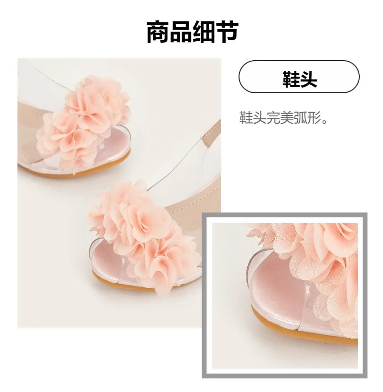 2025 New Fashion Flower Girl Princess Sandals Summer Fish Mouth Transparent Thick Heel Open Toe Children's Sandals High Heels