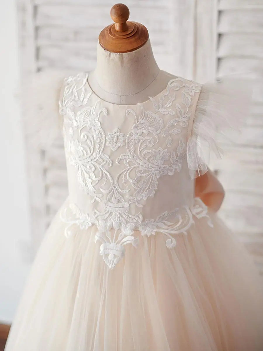Communion Girl Dress Lace Appqulies Bodice Floor-length Skirt Puffy Dress with Long Train Formal Party Toddler Clothe