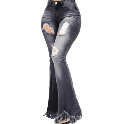 Women Flared Pants High Waist Pockets Ripped Holes Bell Bottom Trousers