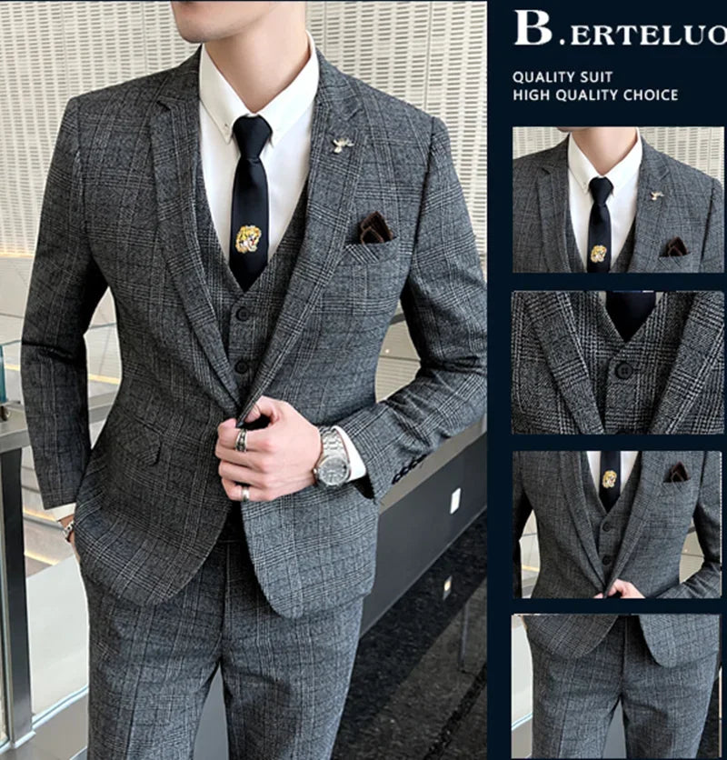 Checkered Suit (Blazer+Vest+Pants) Men's Fashion Hosting Work Business Wedding Casual Linen Art Style Elegant Gentleman's Suit