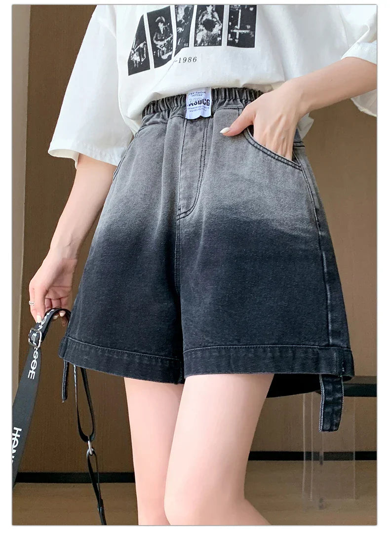 Plus Size Denim Shorts For Women Summer 2024 New High Elastic Waist Pockets Wide Leg Loose Jean Short Femme Hot Sale