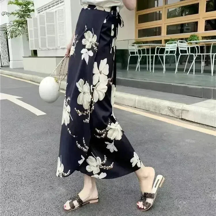 Wrap Skirts Women Casual Chiffon Tie-Waist Ruffle Wide Leg Loose