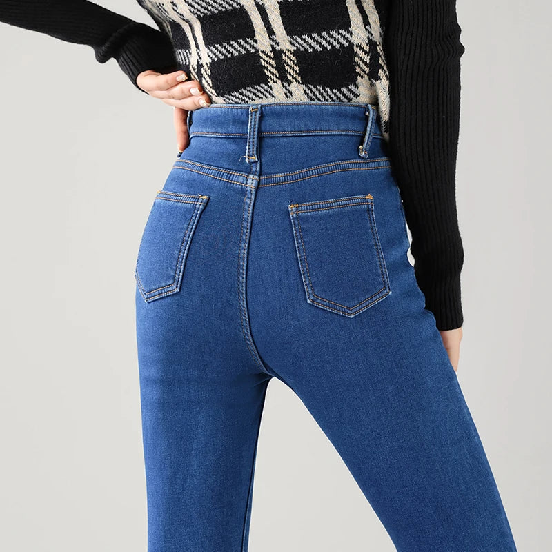 Women Thermal Jeans Winter Snow Warm Thickened Fleece Stretch Skinny Pencil Pants Fashion Korean Slim Fit Velvet Plush Pants