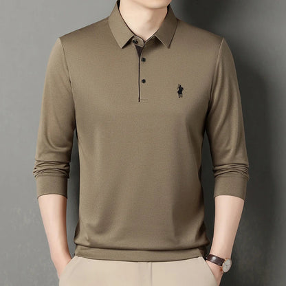 2025 Latest Autumn New Men's Long Sleeve Polo Shirt Middle Aged Business Comfortable Solid Color Men's Collar T-shirt