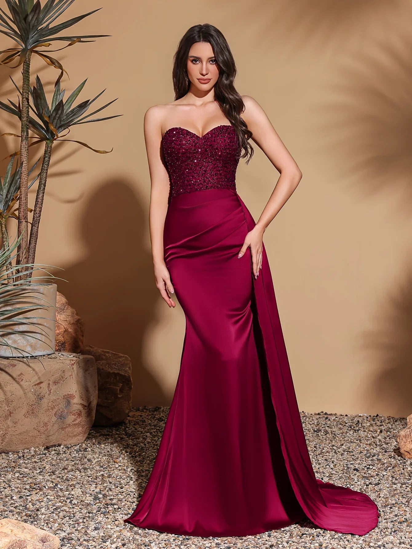Satin waist pleated side flaps floor-length skirt, sequined spliced tube top dress