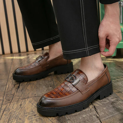 Men Loafers PU Thick Sole Round Toe Checkered Pattern Fashionable Classic Business Formal Shoes