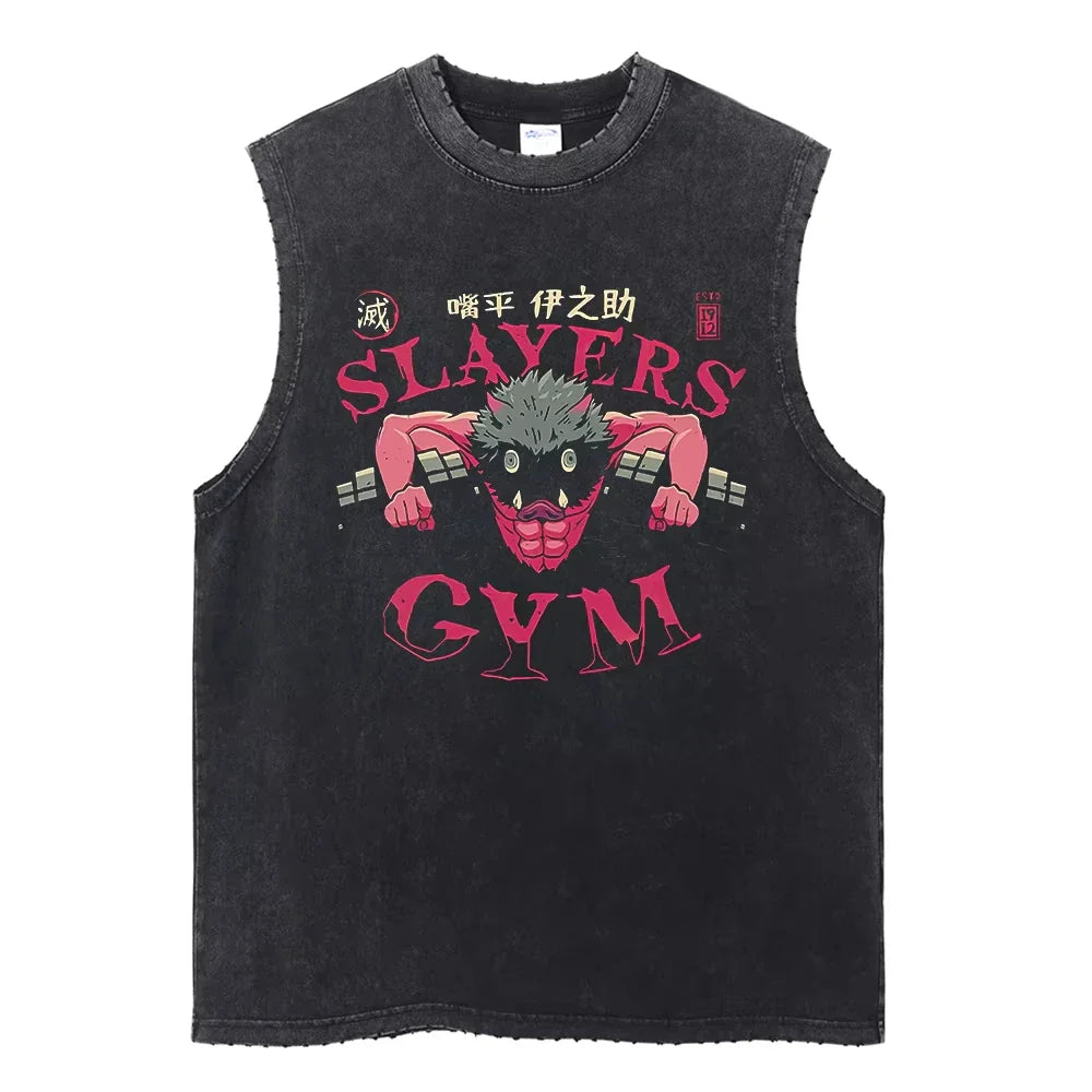 Anime Demon Slayer Printed Men's Tank Tops Summer Y2k Washed Cotton Vintage Gym Vest Women's Casual Sleeveless Shirts Steetwear