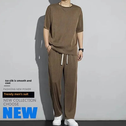 High-End Ice Silk Men's Sports Suit Casual Home Use Long Pants Short Sleeves Quick Drying Top Set Summer Collection
