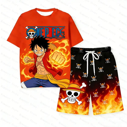 2026 One Piece Luffy Pajama Set Anime Skull Character Sleepwear T-Shirt Shorts for Men's Shirts Woman t-shirts Summer Kids Set
