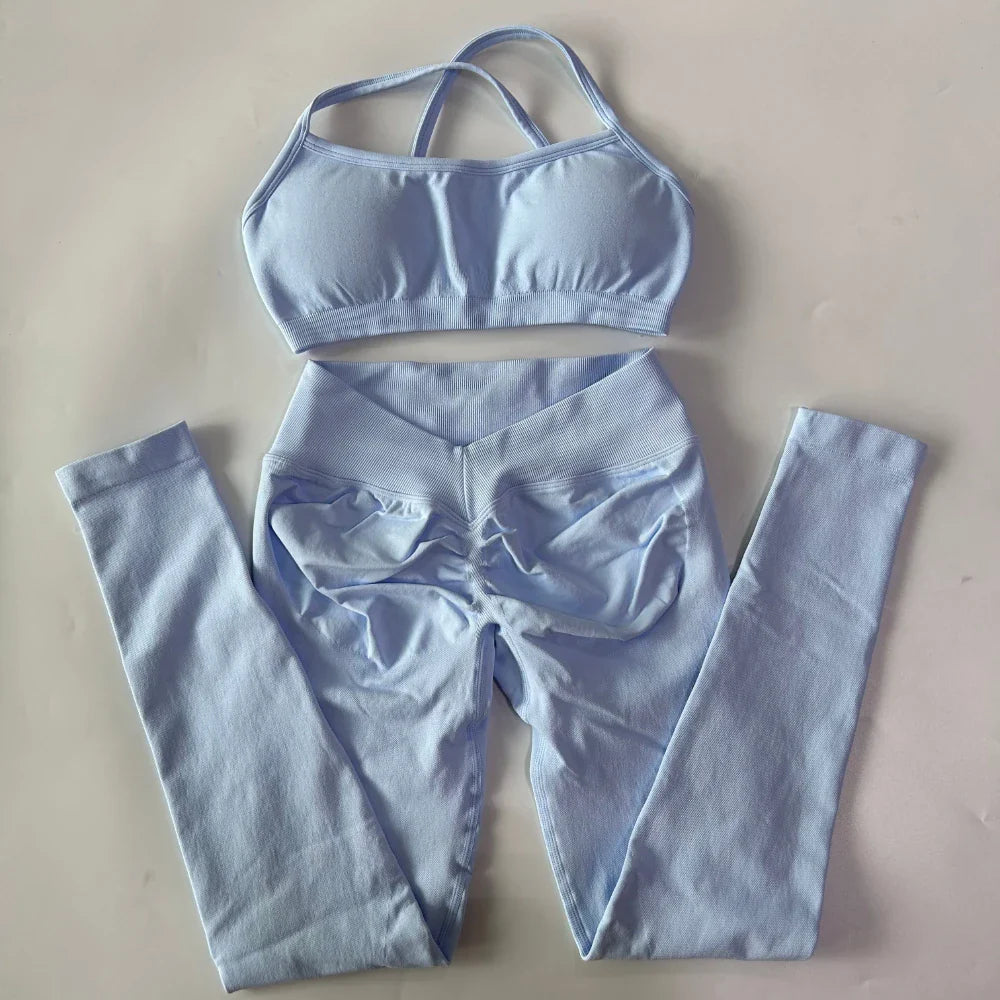 2 Pieces Gym Set For Women Clothes Seamless Scrunch Yoga Leggings Set Backless Sports Bra Fitness Workout Top Yoga Set Outfits