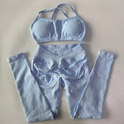 2 Pieces Gym Set For Women Clothes Seamless Scrunch Yoga Leggings Set Backless Sports Bra Fitness Workout Top Yoga Set Outfits
