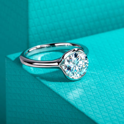 2ct D Color Moissanite Engagement Ring 925 Sterling Silver Half Bezel Setting Solitaire Promise Rings for Women Gifts