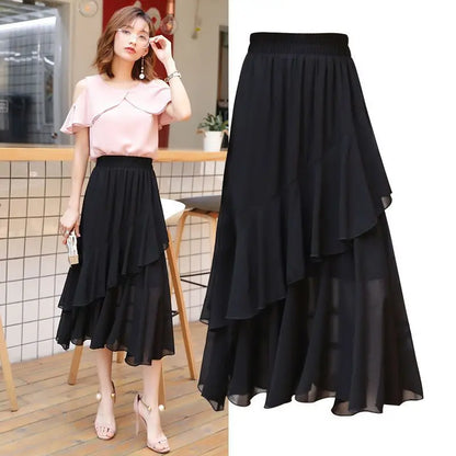 Plus Size Women Summer Chiffon Midi Skirt, Irregular A-line Thin Lightweight Black Skirt For Plus 200lbs