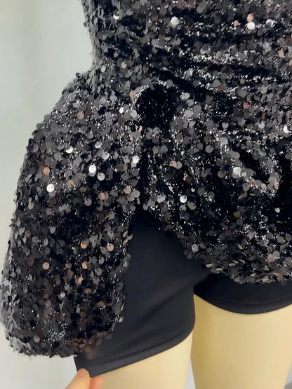 Sexy Shoulder Backless Sequin A-line Mini Dress for Women - Elegant Glitter Party Outfit for Graduation Cocktail Night Club