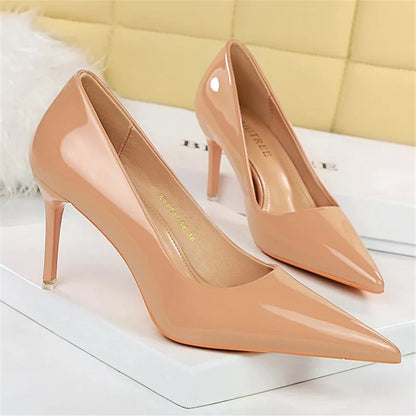 Women 7.5cm 10.5cm High Heels Wedding Bridal Classic Pumps Lady Scarpins Metallic Leather Low Heels Stiletto Nude Office Shoes