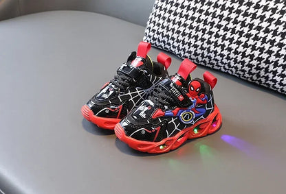 Disney Children's Sneakers Boys Cartoon Spiderman Led Light Sport Shoes Student Shoes Hook Anti-slip Kids Outdoor Shoes