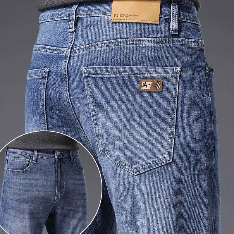 Calça Jeans Masculina Coreana Macia Elástica Slim Fit Negócios Casual Reta Jeans Clássica Marca Azul Lavado Cinza