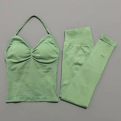 2Piece Sports Gym Set Women Longline Strappy Top Fitness Clothes Seamless Yoga Set Running Workout Sports Leggings Sets
