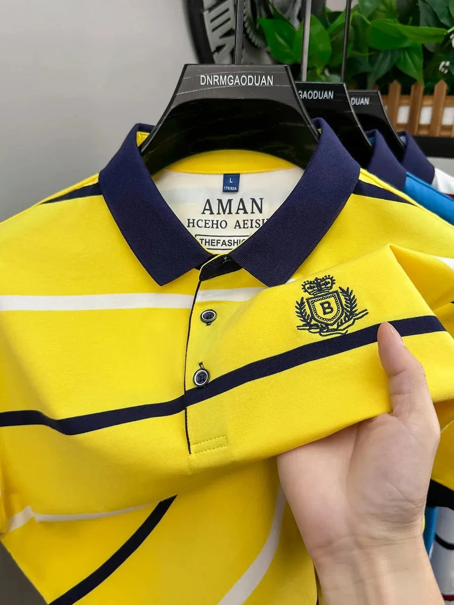 Light luxury brand short sleeve men's POLO shirt summer fashion personality striped badge top breathable ice silk casual T-shirt
