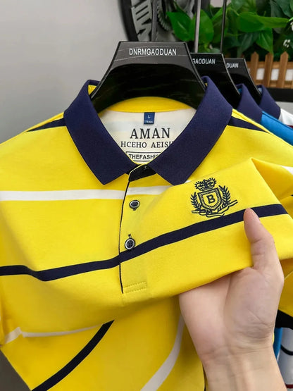 Light luxury brand short sleeve men's POLO shirt summer fashion personality striped badge top breathable ice silk casual T-shirt