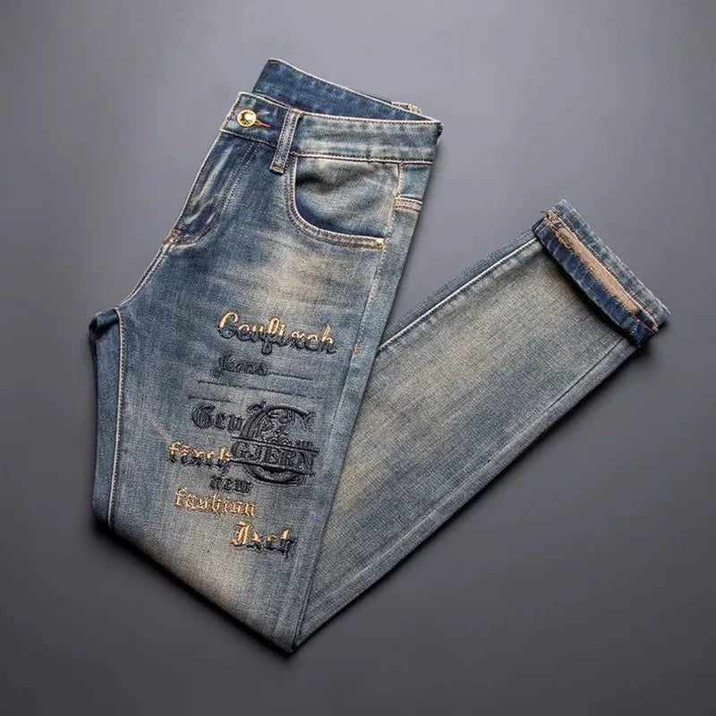 New Spring/Autumn Fashion Trendy Printed American Retro Straight Leg Jeans Men's Casual Sports High Quality Stretch Denim Pants