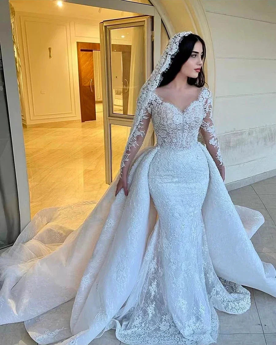 Customized Luxury Mermaid Wedding Dresses Detachable Train Romantic Lace Long Sleeve Bride Dresses For Vestidos De Novia Boda