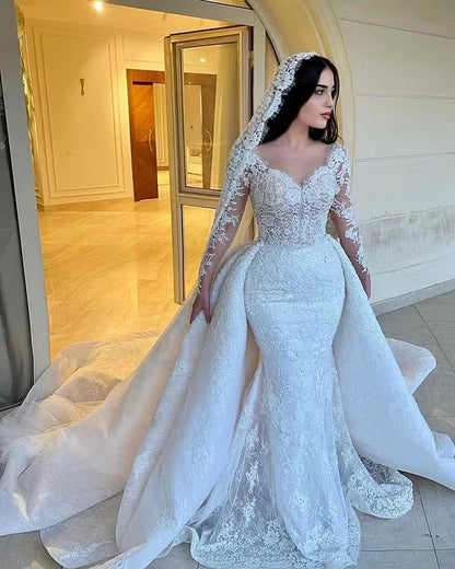 Customized Luxury Mermaid Wedding Dresses Detachable Train Romantic Lace Long Sleeve Bride Dresses For Vestidos De Novia Boda