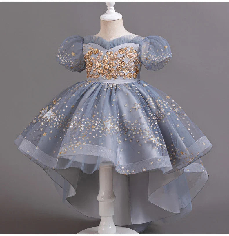 Girl Tail Wedding Bridesmaid Dress Children's Elegant Banquet Dress Children's Round Neck Sleeveless Dress Girl