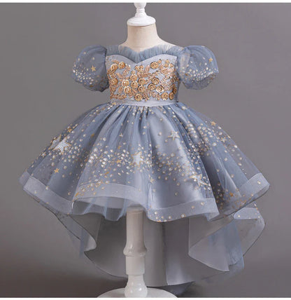Girl Tail Wedding Bridesmaid Dress Children's Elegant Banquet Dress Children's Round Neck Sleeveless Dress Girl
