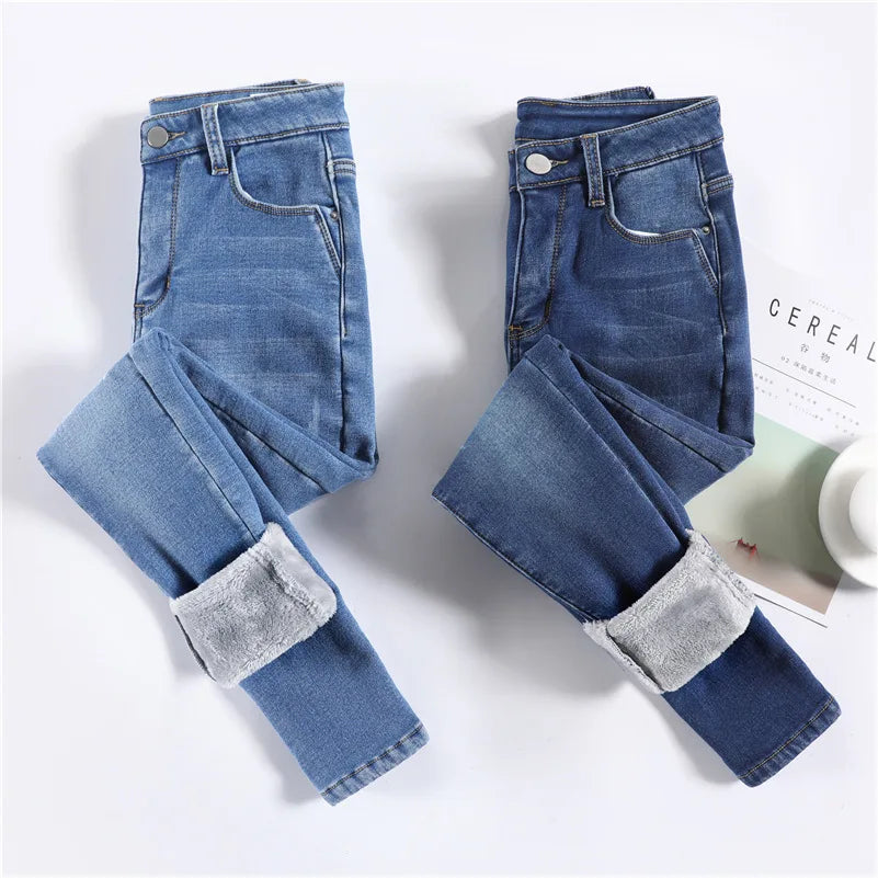 Women Thermal Jeans Winter Snow Warm Plush Stretch Jeans Lady Skinny Thicken Fleece Denim Long Pants Retro Blue Pencil Trousers