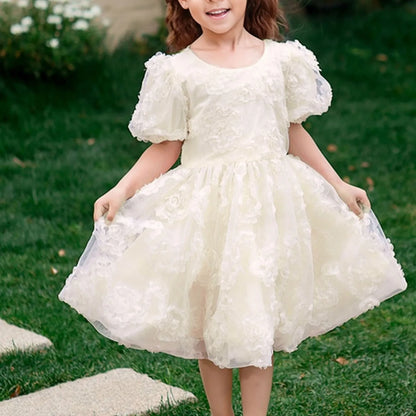 New Summer Teenager Girl Dress Solid Color Short Puff Sleeves Square Collar 3D Flower Sequined Baby Princess Dresses 2025