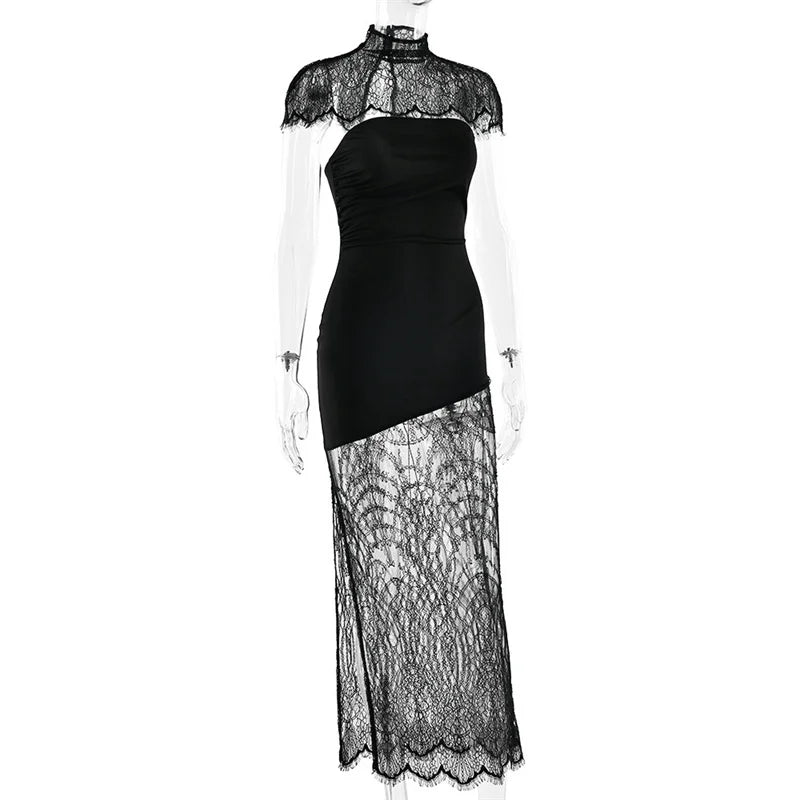 Lace Backless Sexy Mini Dress Women Gown Elegant See Through Turtleneck Sleeveless Bodycon Club Party Dresses Female