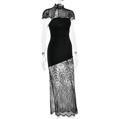 Lace Backless Sexy Mini Dress Women Gown Elegant See Through Turtleneck Sleeveless Bodycon Club Party Dresses Female