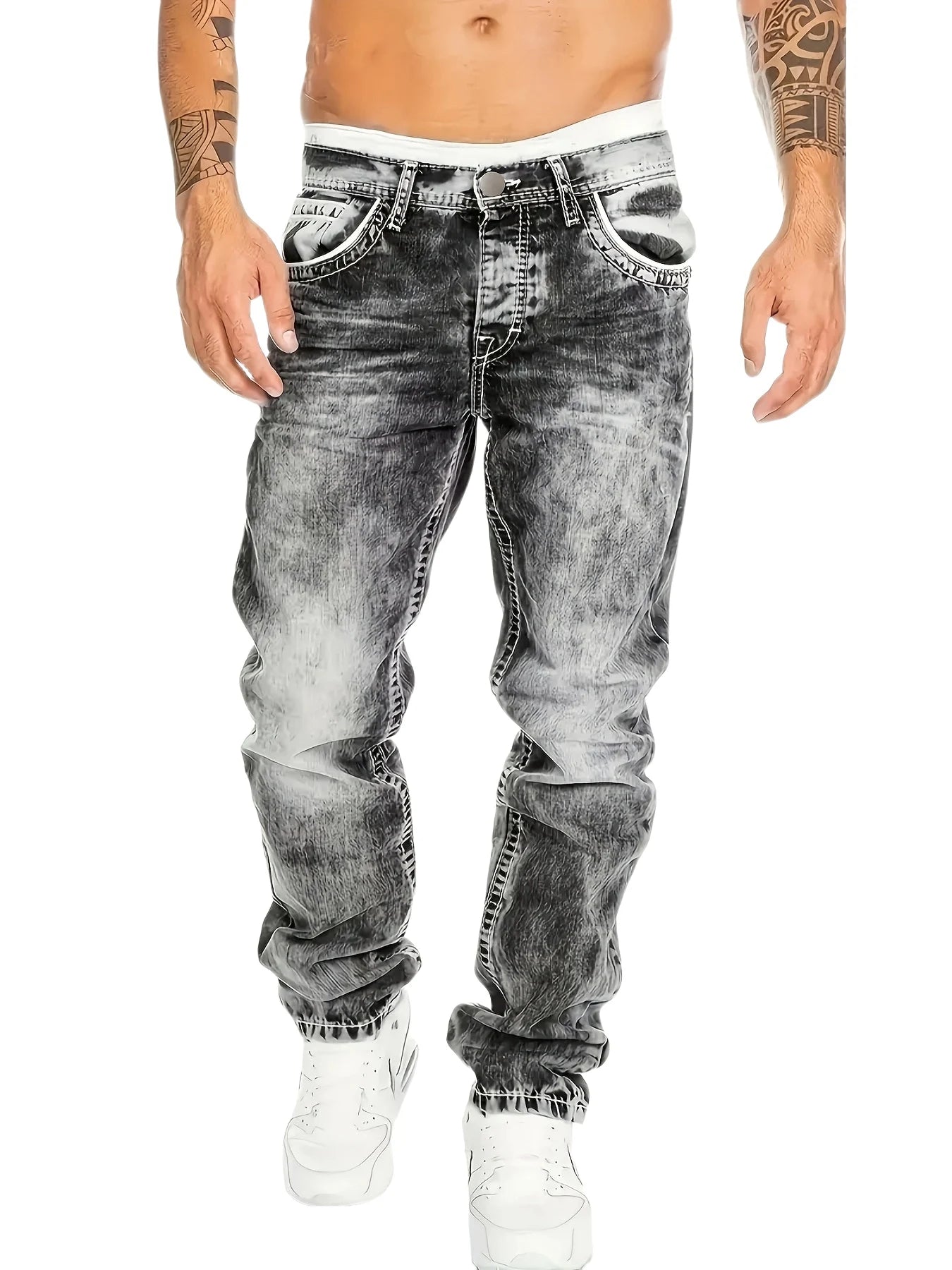 1pc Men's Casual Slim-Fit Stretch Jeans, Fashionable Street-Style Gradient Denim Pants with Washed-Out Look, Regular Fit, Machin