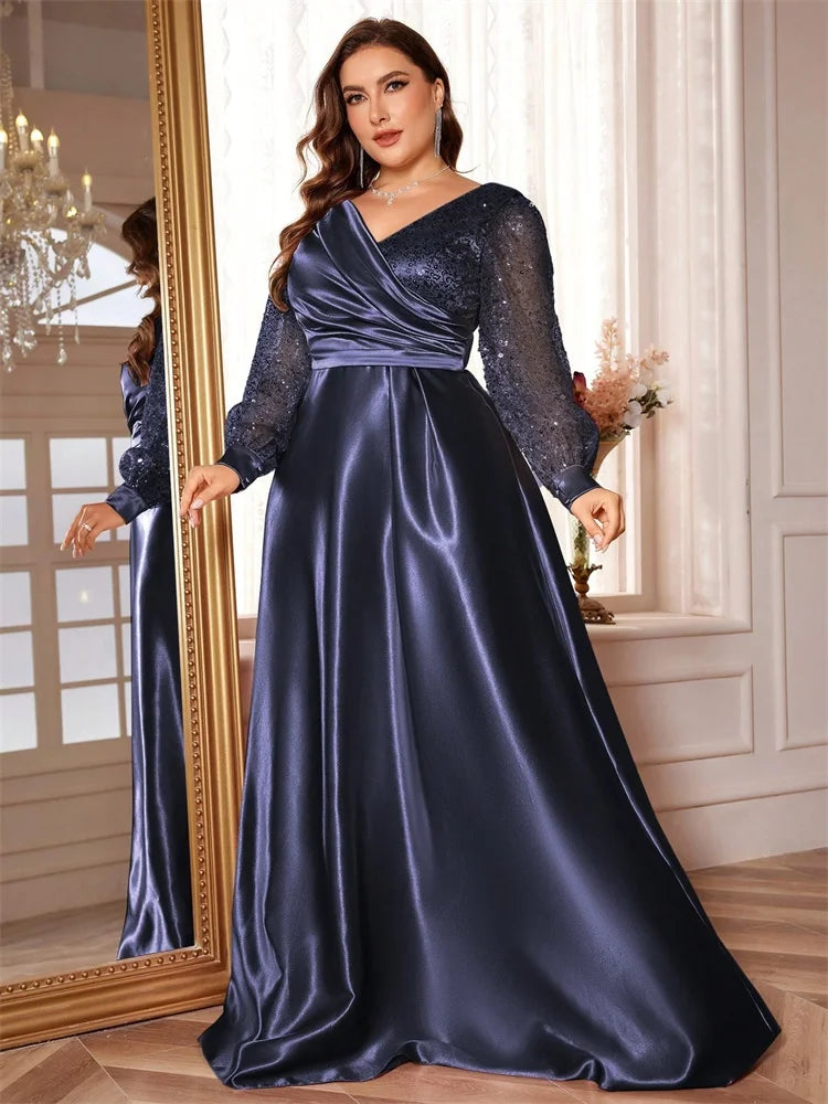 Plus Size Luxury Green V-Neck Sequin Evening Dress Elegant Women Party Maxi Dress Long Sleeve Cocktail Dress Graduation Prom