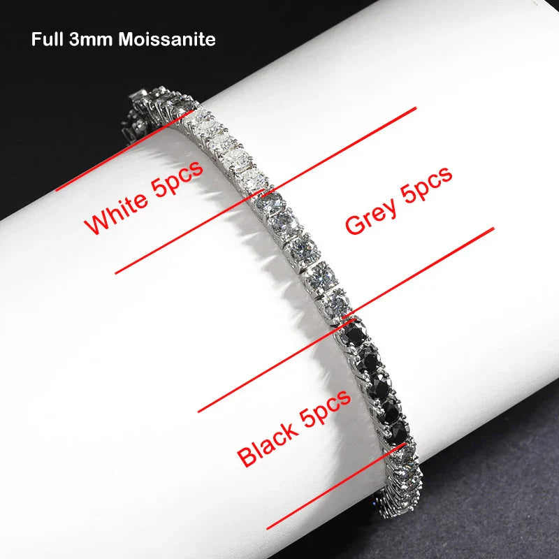 3mm 0.1CT Gradient Color Black Grey White Moissanite Diamond Tennis Bracelet for Men Women Unisex 925 Silver Link Bracelets