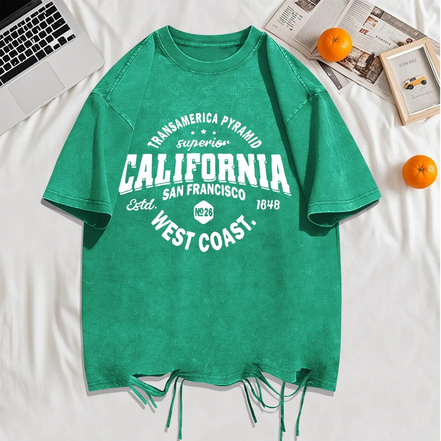 California Sanfrancisco Weat Coast Washed Holes T-Shirt Mens Cotton Soft T Shirts Crewneck Loose Clothes Multicolor Short Sleeve