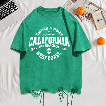 California Sanfrancisco Weat Coast Washed Holes T-Shirt Mens Cotton Soft T Shirts Crewneck Loose Clothes Multicolor Short Sleeve