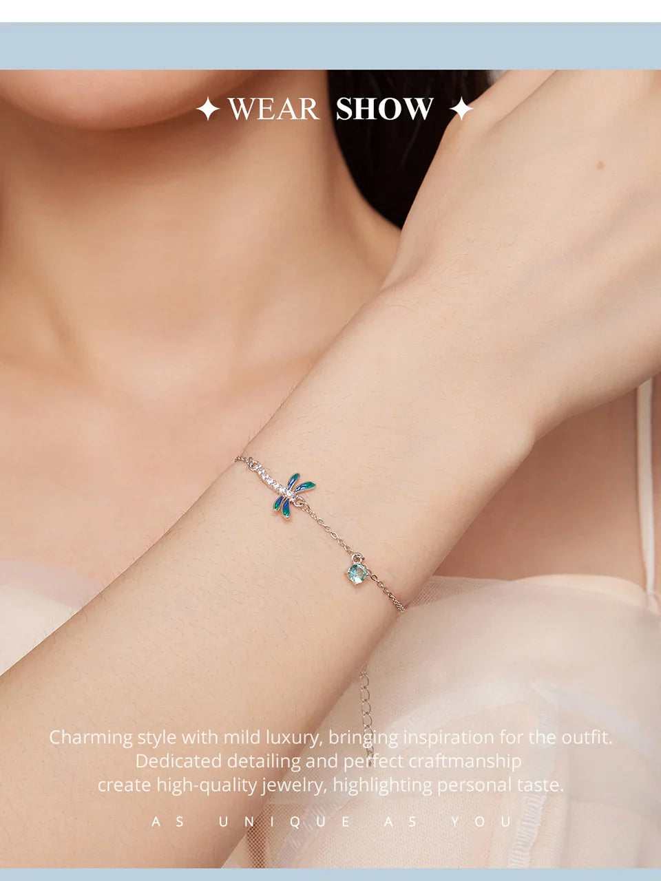 925 Sterling Silver Green and Blue Enamel Dragonfly Bracelet Insect Chain Link for Women Pave Setting CZ Fine Jewelry