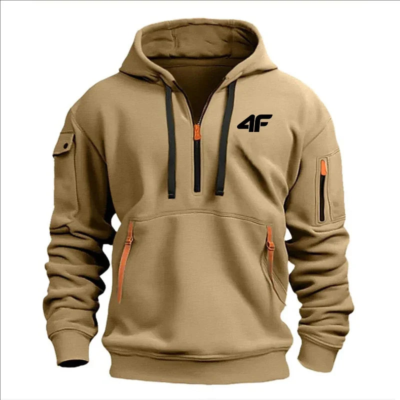 Men's hooded sweater casual sports jumper vintage Harajuku long sleeve zipper multi-pocket casual loose coat Street