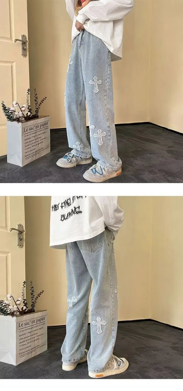 Vintage Men's Straight Jeans Cross Embroidery Casual Jeans Denim Loose Hip Hop Four Seasons Fashion Streetwear Pants Black Blue